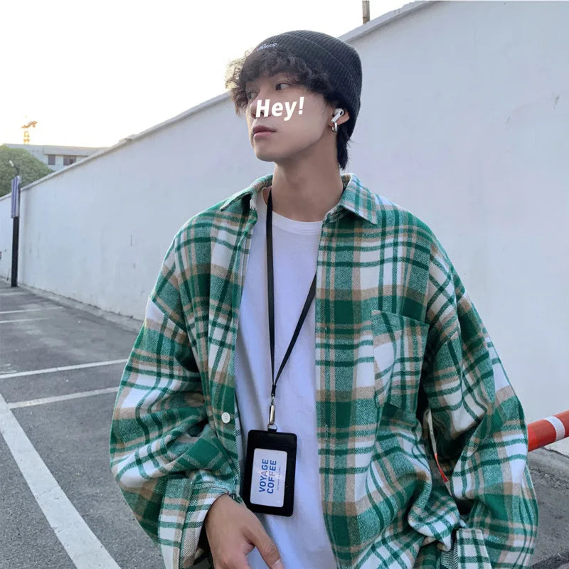 Hearujoy Autumn Thick Woolen Shirt Men Fashion Retro Casual Oversized Plaid Shirts Mens Korean Blue/Green Loose Long-sleeved Shirt Men