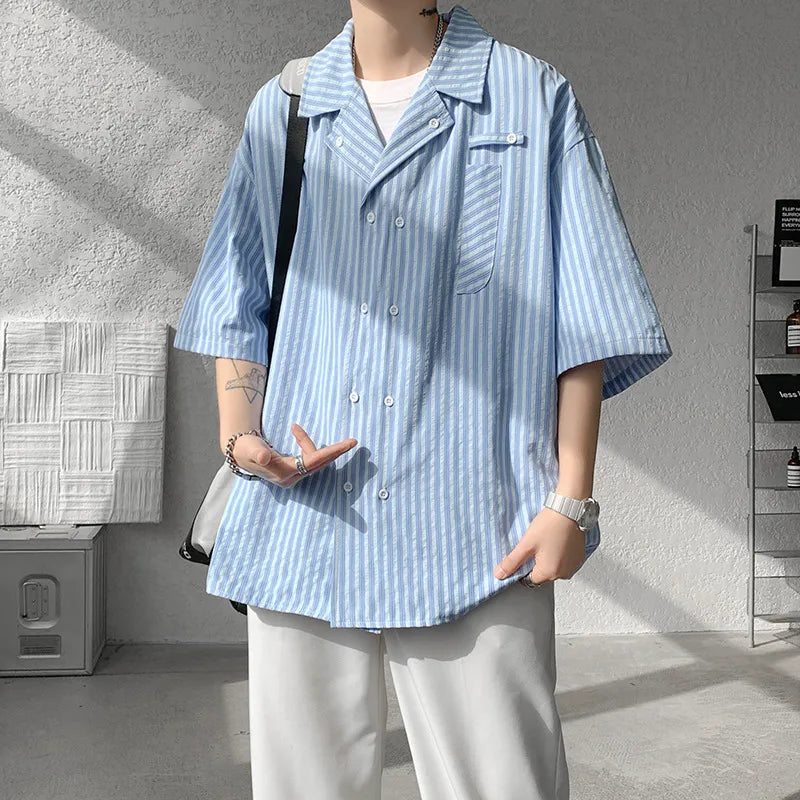 HEARUJOY  -  Summer White Short Sleeved Shirt Men Society Mens Dress Shirt Korean Loose Casual Blue Stripe Shirt Mens Office Formal Shirts