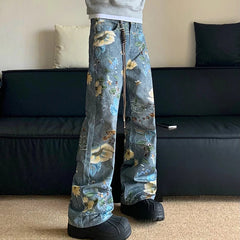 Hearujoy American Design Men's Jeans Full Print Floral Loose Wide Leg Straight Denim Pants Floor Mop Contrast Color Trousers