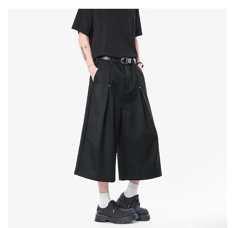 HEARUJOY  -  Korean Style Men Casual Shorts Solid Color Pleated Design Metal Design Cropped Trousers Cleanfit Male Bottom Simple