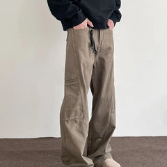 HEARUJOY  -  Vintage Cargo Pants For Men Cleanfit Style Straight Trousers High Street Retro Maillard Brown Multiple Pockets Casual Pants