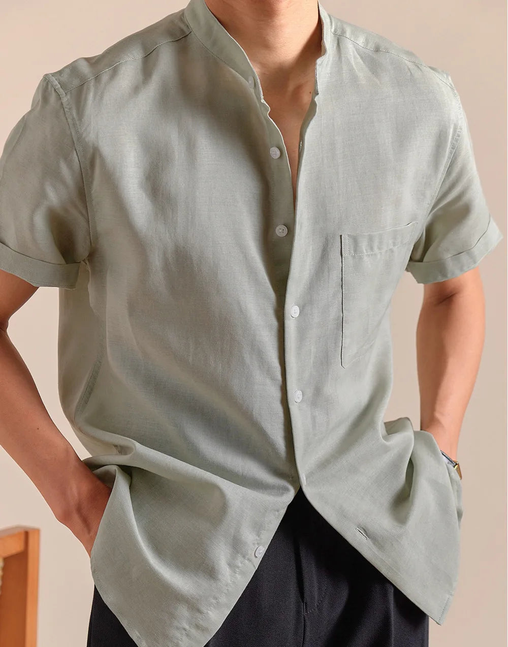 HEARUJOY  -  Natural Linen Cotton Blend Stand Up Collar Shirt Top Quality Men's Short Sleeved Casual Loose Thin Breathable Shirt 3 Colors