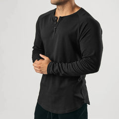 HEARUJOY  -  Fashion New T-Shirt Mens Elastic Henley Grandad Long Sleeve Pullovers Slim Fit Solid Color Undershirt V Neck Tops