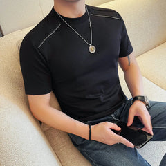 HEARUJOY  -  Men's Summer 65% Cotton Zipper-Shoulder Tee | Slim Fit Round Neck Short Sleeve Shirt in Black/White