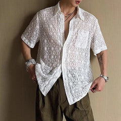 HEARUJOY  -  Mens Shirt Lace See-Through Transparent Geometric Shirt Summer Beach Vacation Hawaiian Slim Short Sleeve Top Men'S Clothing