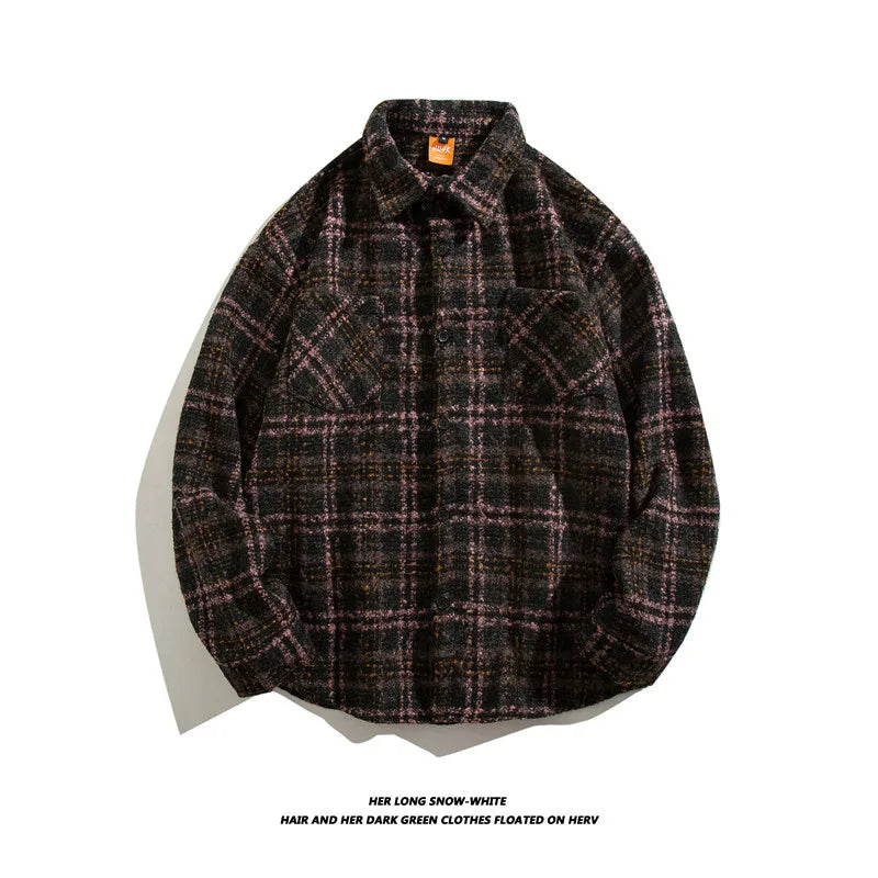 HEARUJOY  -  Japanese Retro Woolen Plaid Shirt For Men Autumn Winter Long Sleeved Top Fashion Vintage Shirts Coat Trendy Clothing Streetwear