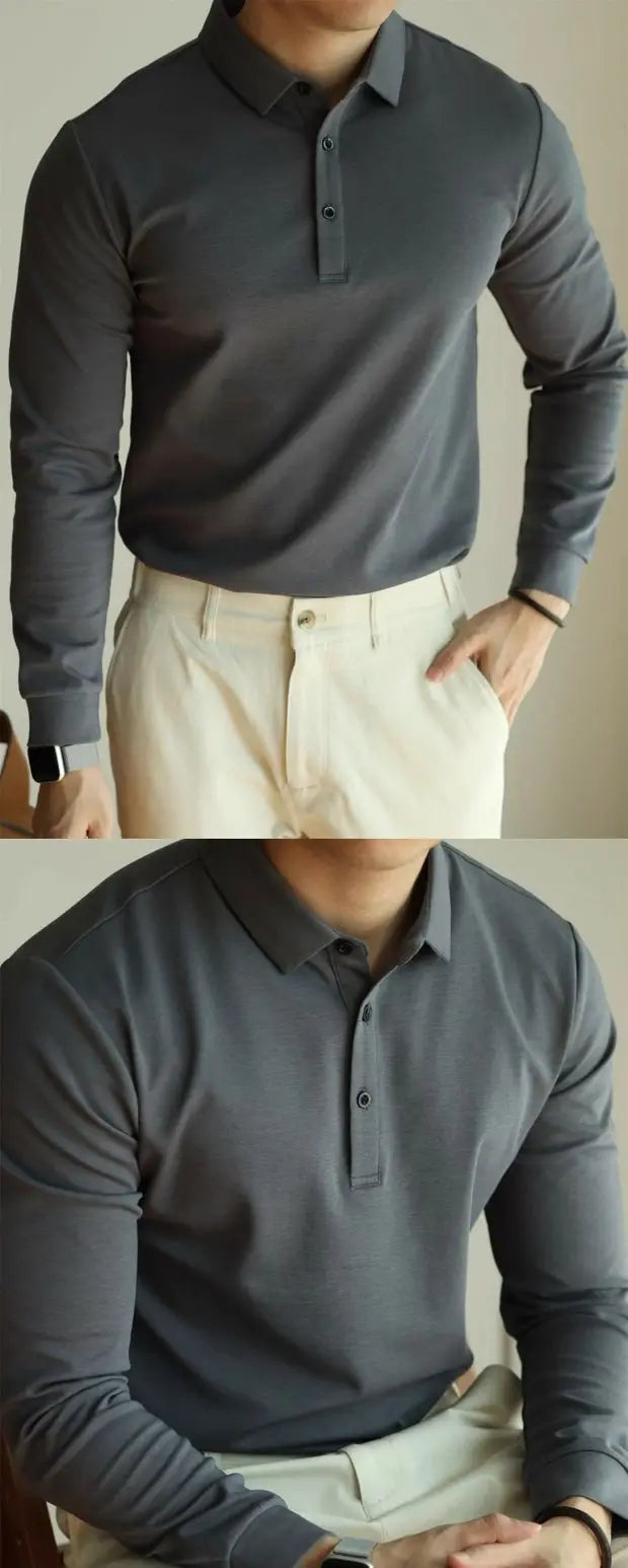 HEARUJOY  -  New American Retro Men Polo Shirt Light Luxury Solid Color Slim-fit Commuting Long Sleeve T-shirt Leisure Business Pullover Tops