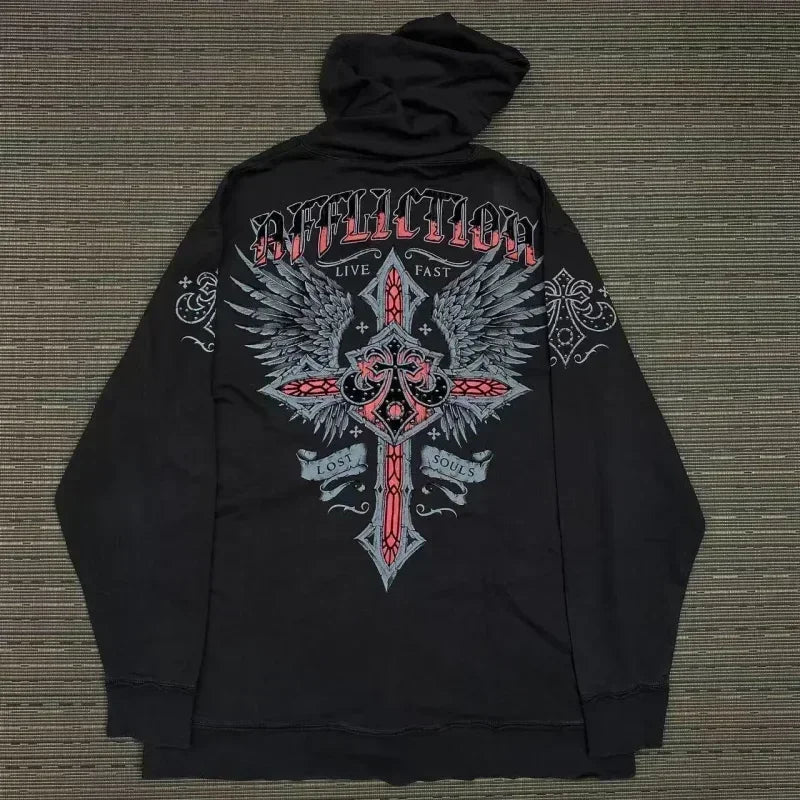 Hearujoy Affliction Street Hoodie Y2K Retro Gothic Skull Oversize Zipper Hoodie Mens Womens Hip Hop Casual Sweatshirt Personality Hoodie