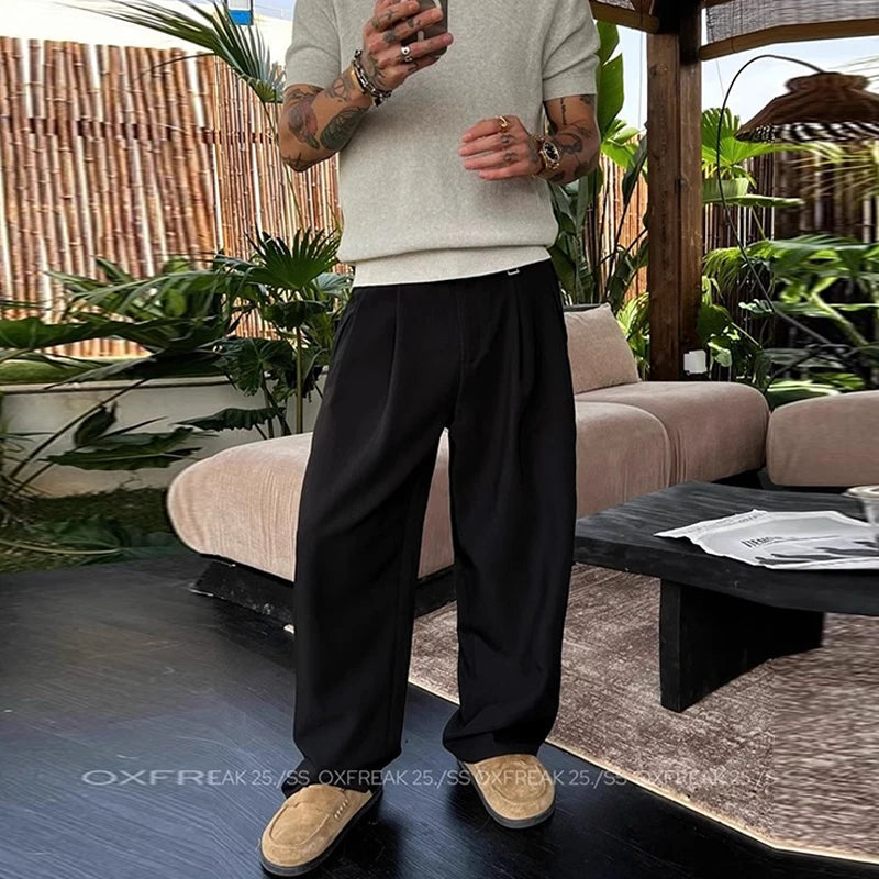 HEARUJOY  -  New Retro Fashion Men Suit Pants Light Luxury Draped Baggy Belt Button-down Solid Color Straight Trousers Elegant Dress Pants