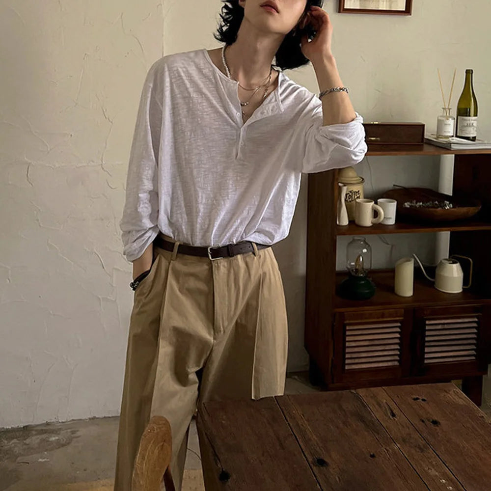 HEARUJOY  -  Mens T-Shirt Cotton Casual Thin T-Shirt Daily Basic Breathable Beach Vacation Camping Long-Sleeve Top Men'S Clothing
