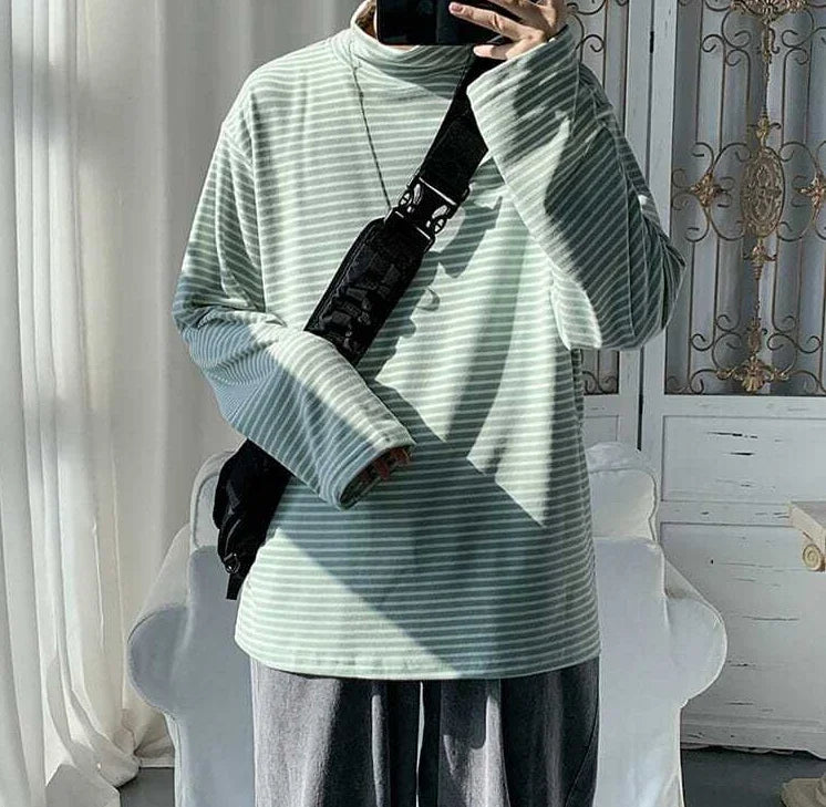 HEARUJOY  -  Turtleneck High Collar T Shirt For Man Striped Top Bulk With Wholesale Men's Clothing Long Sleeve Quotes Full Xl F Pullover