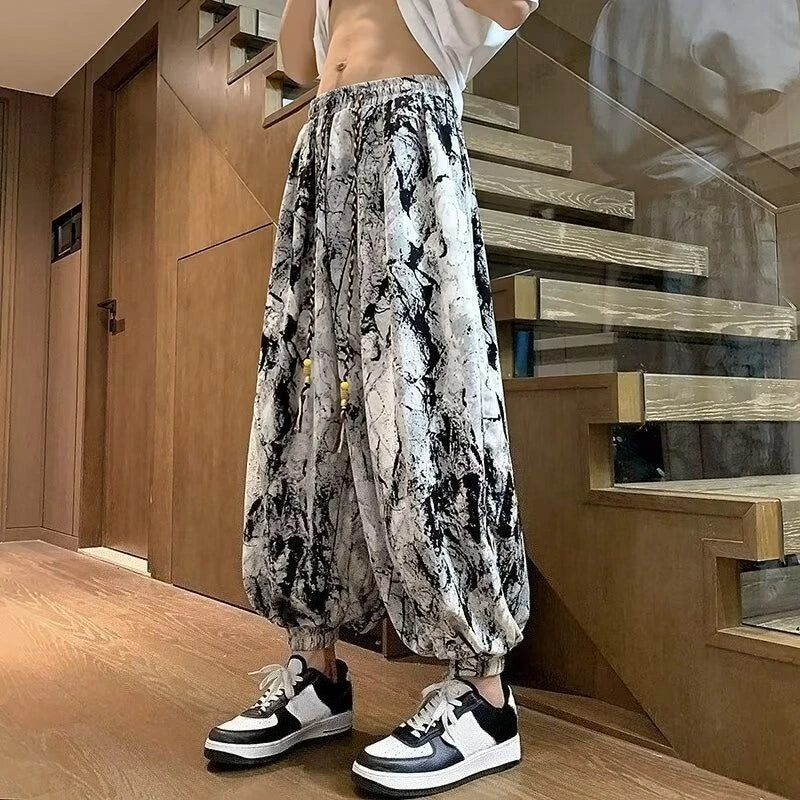 HEARUJOY  -  Summer Cool Loose Ice Silk Tie Dye Casual Wide-leg Pants Man Classic Low Price Stylish Korean Style Big Size Trousers for Men