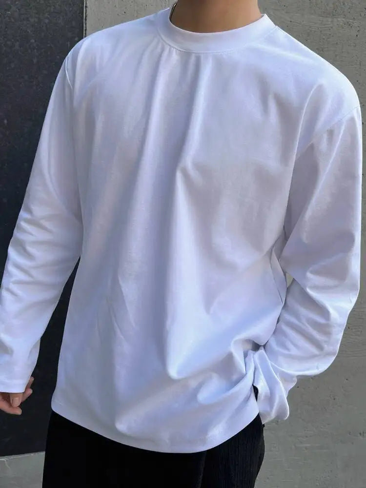 HEARUJOY  -  New Simple Men's T-shirts Round Collar Solid Color 2025 Autumn Korean Style Pullover Tees Long Sleeved Loose Male Tops