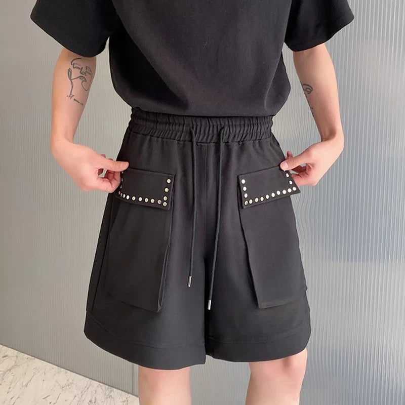 Hearujoy Elastic Waist Wide Leg Shorts Summer New Loose Male Straight Leg Pants Solid Color Pocket Lace-up Casual Trend 9C5354