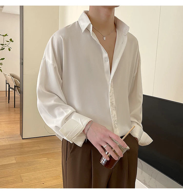 HEARUJOY  -  Long Sleeved Shirt Men Oversized Fashion Social Mens Dress Shirt Korean Loose Ice Silk White Shirt Mens Office Formal Shirts
