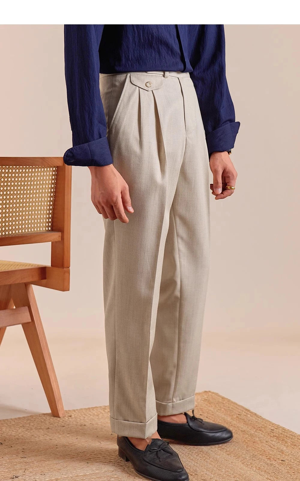 HEARUJOY  -  Italian Style Imitation Linen Naples Trousers Men's Double Pleated Gentleman Casual Business Men's Suit Pants Mens Formal Pants