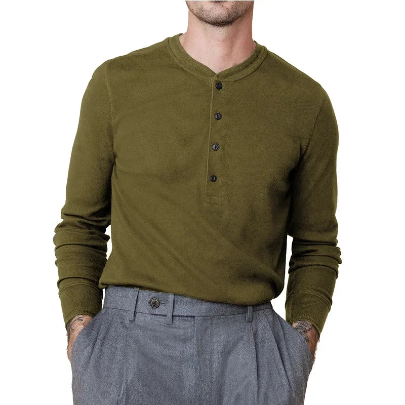 HEARUJOY  -  Men's Fashion Crewneck Long Sleeve T-shirt Henry Spring and Autumn Base Shirt Button Jumper Top