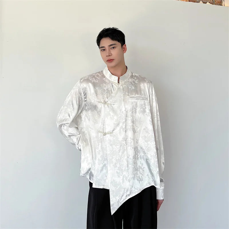 Hearujoy Korea Fashion Vintage Spring Men's Print Chinese Style Long Sleeve Shirts Male Cardigan Stand Collar Dress Shirts