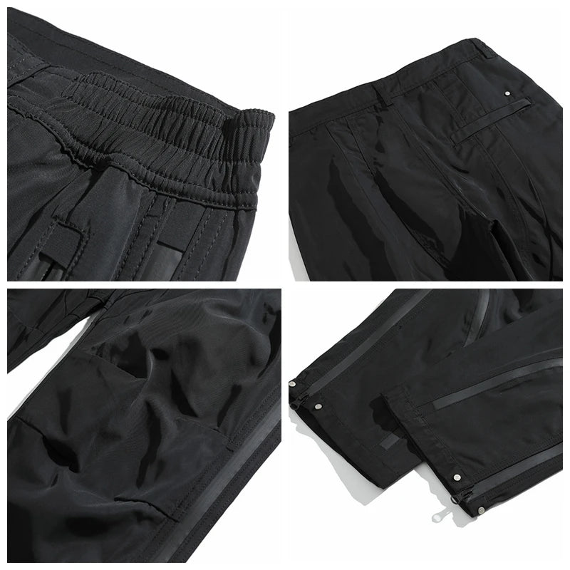 Hearujoy Vibe Style Nylon Rubber Pressing Joggers Men's Urban Streetwear Fashionable Adjustable Zipper Up Functional Cargo Trousers
