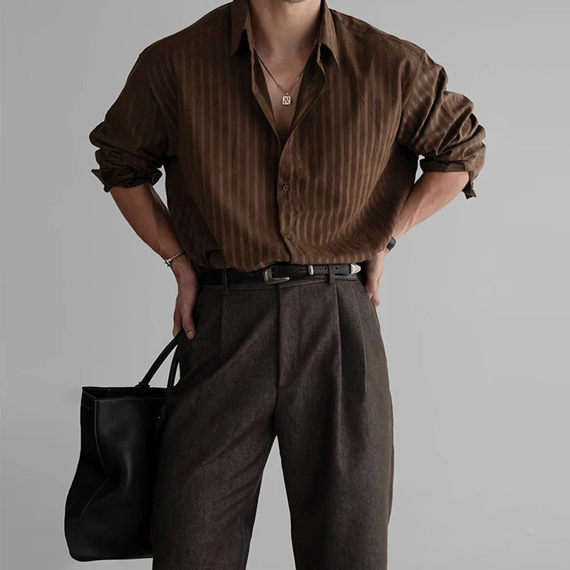 HEARUJOY  -  New Korean Fashion Men Shirts Light Luxury Textured Business Striped Long Sleeve Cardigan Tops Leisure High Quality Blouse M-2XL