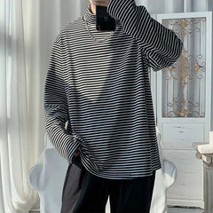 HEARUJOY  -  Ins Trendy Hong Kong Style Men's Mock Neck Tee Long Sleeve Loose Fit Casual Streetwear Top All Season Wear