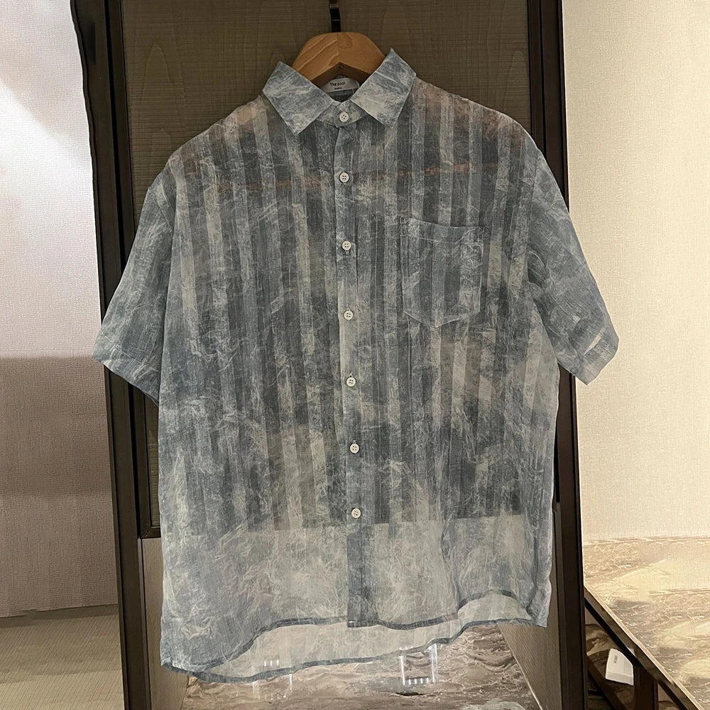 Hearujoy Men Striped See-Through Tie-Dye Mesh Short-Sleeve Casual Shirt 2024 New Genderless Fashion Night Club Sexy Loose Shirt Unisex