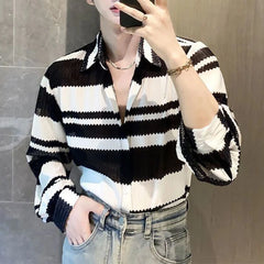 Hearujoy Mens Casual Splicing Striped Long-Sleeved Shirt Genderless 2024 New Fashion Individuality Retro Thin Hollow Loose Top Unisex