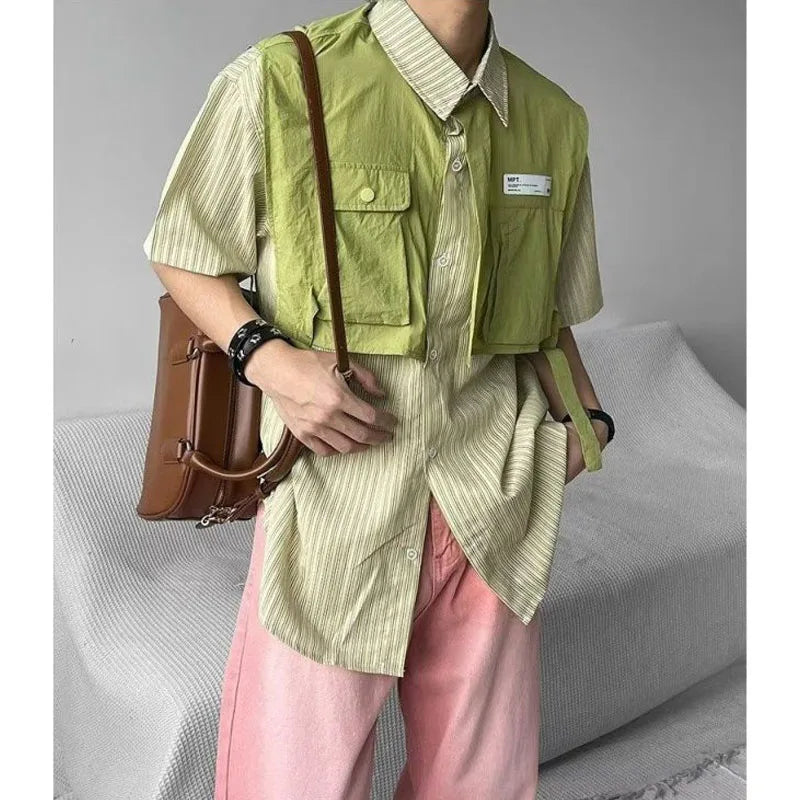 HEARUJOY  -  Fake Two Pieces Summer New Men's Turn-down Collar Button Spliced Pockets Striped Letter Shirt Short Sleeve Trendy Loose Tops