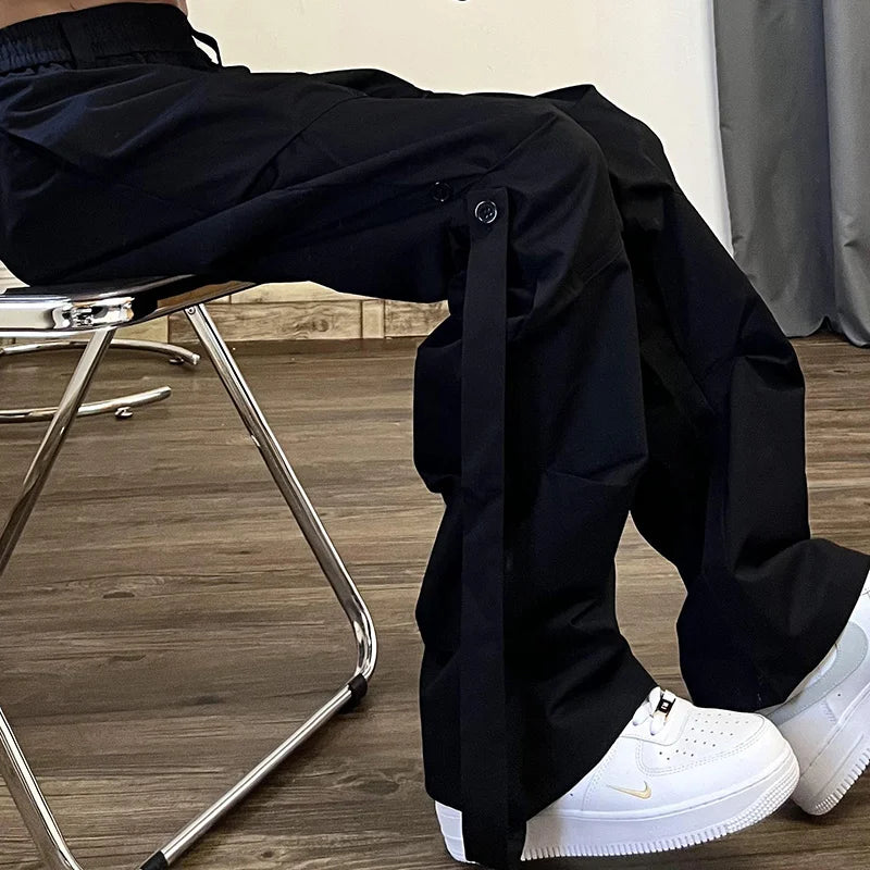 Hearujoy High Street Pleated Overalls Men's Pants Fashion Loose Straight Button Casual Male Trousers Solid Color Darkwear 9A6007