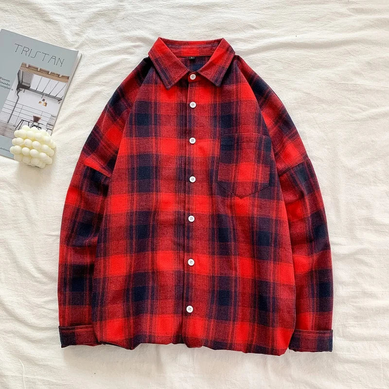 HEARUJOY  -  Black White Classic Plaid Long Sleeve Loose Men's Shirt American Style Retro Versatile Spring Autumn Outerwear Coat for Men Tops