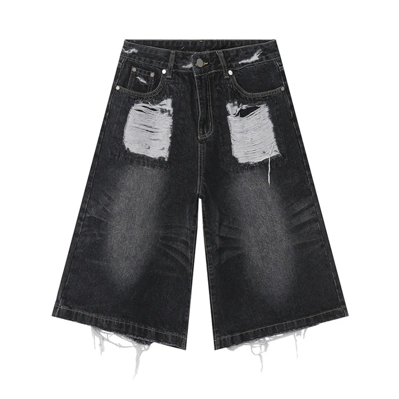 Hearujoy High Street Men's Washed Jeans Summer New Fashion Cat Whiskers Design Male Denim Shorts Calf-Length Pants Straight 9C5982