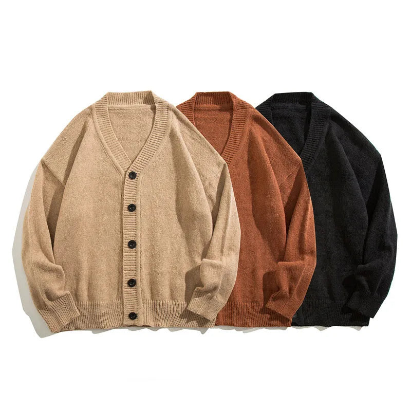 HEARUJOY  -  Autumn Winter Men Casual V-Neck Cardigan Sweaters Solid Color Long Sleeve Outerwear Single-breasted Male Loose Knitted Coats