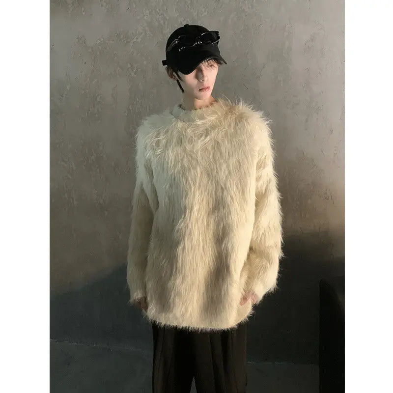 Hearujoy Korean Long Plush Knit Sweater Tops Autumn and Winter Streetwear Imitation Mink Hair Loose Pullover Women Round Neck Jumper Men