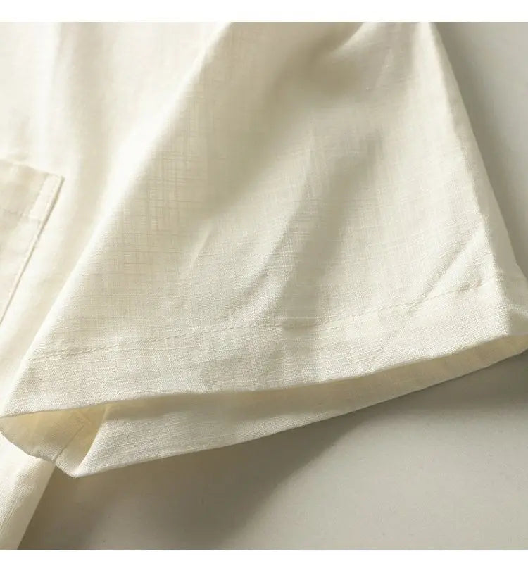 HEARUJOY  -  Japanese Linen Tops Summer Korean Style Men's Embroidered Loose Casual Cuban Collar Short-sleeved Shirt Aesthetic Academy Chic