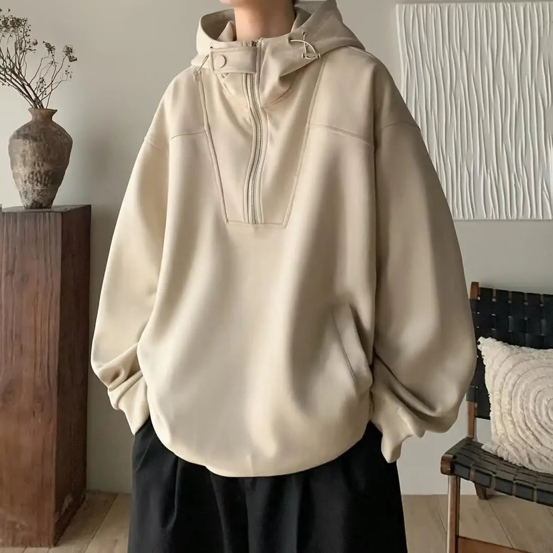 HEARUJOY  -  Japanese Retro Semi-zipper Solid Color Hooded Sweatshirt Men Women Autumn Winter Trendy Brand Loose Couple Casual Jacket