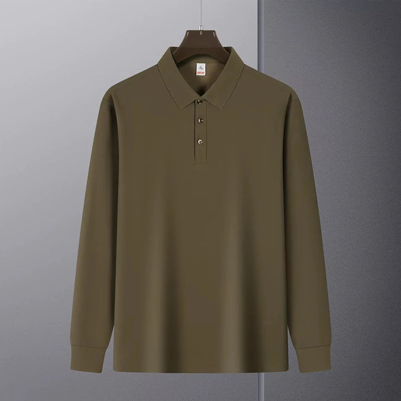 HEARUJOY  -  New American Retro Men Polo Shirt Light Luxury Solid Color Slim-fit Commuting Long Sleeve T-shirt Leisure Business Pullover Tops