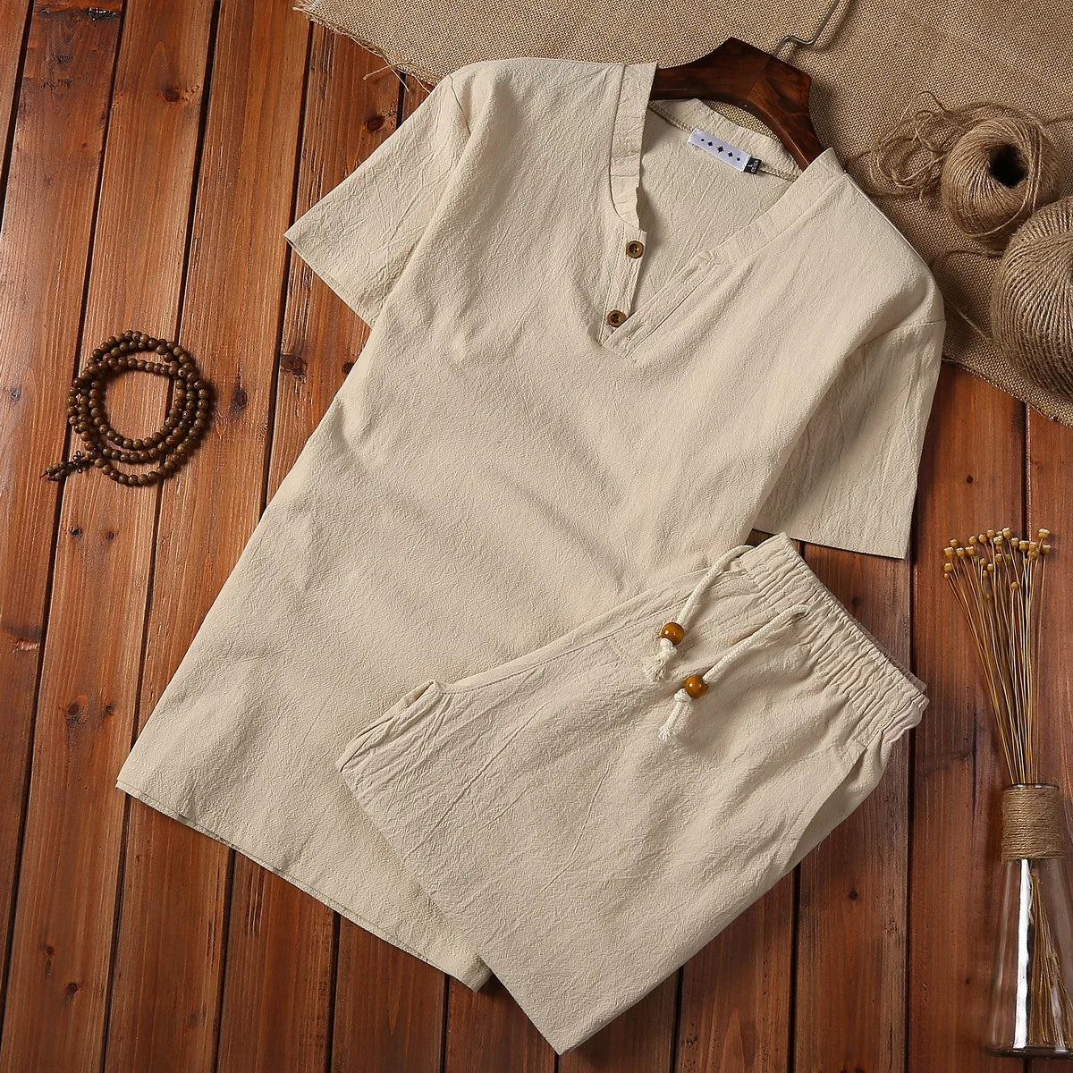 HEARUJOY  -  5XL Summer Loose-fit Vintage Casual Cotton Linen Suit For Men Chinese Style Long Sleeve T-shirt Shorts Two-piece Set