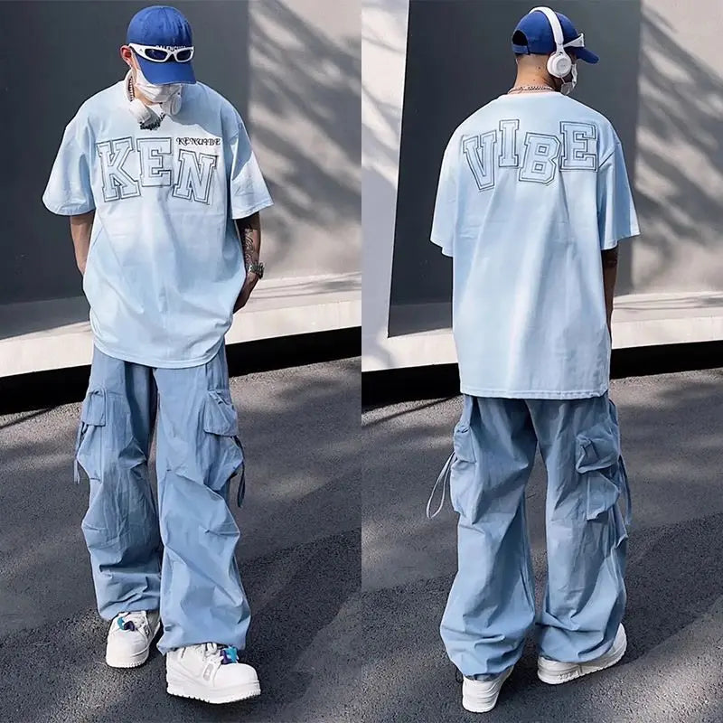 Hearujoy Y2K Cargo Pants for Men Hip Hop Harajuku Parachute Cargo Trousers Male Blue Japanese Loose Casual Streetwear Hip Hop