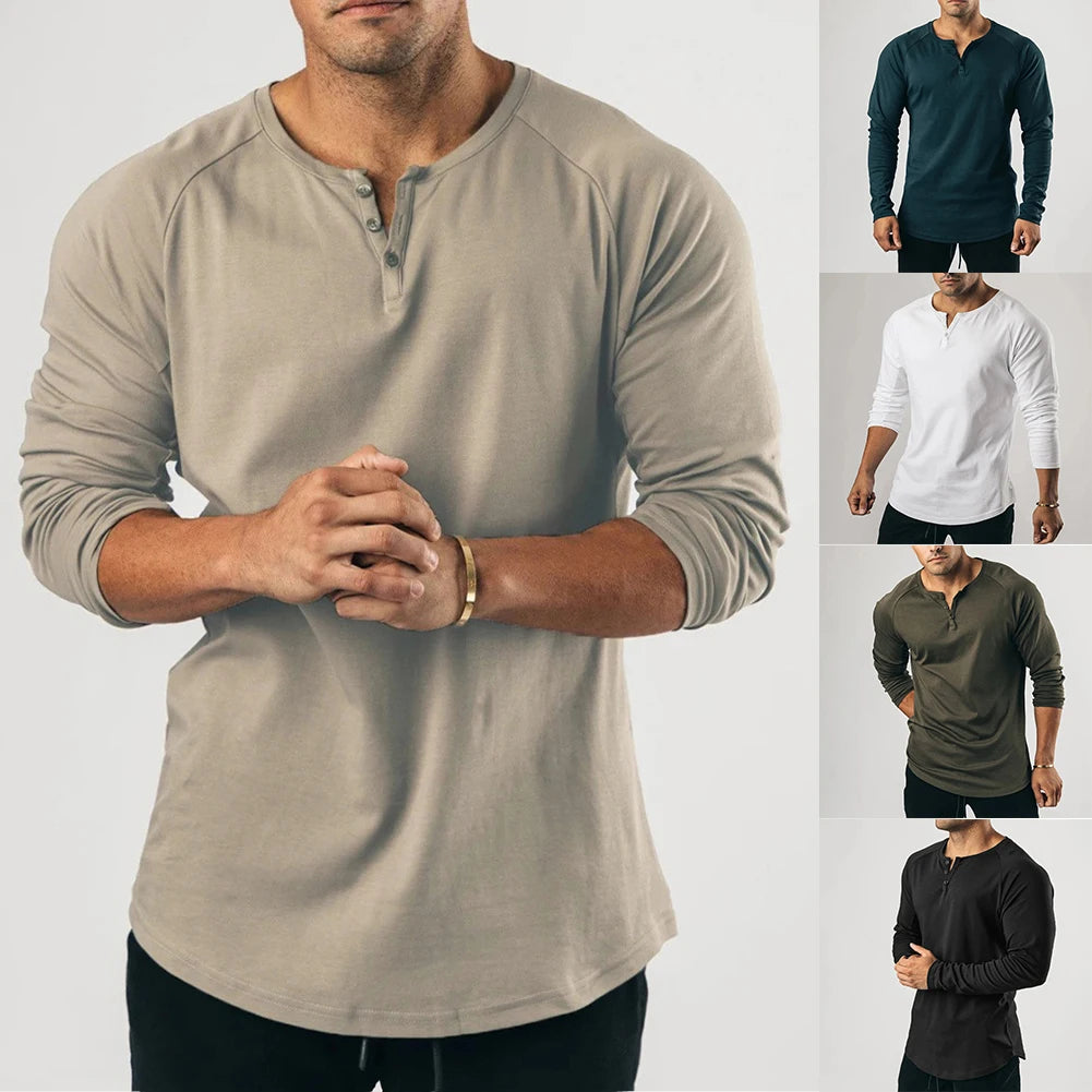 HEARUJOY  -  Fashion New T-Shirt Mens Elastic Henley Grandad Long Sleeve Pullovers Slim Fit Solid Color Undershirt V Neck Tops