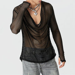 Hearujoy Mens Sexy See-Through Mesh Long-Sleeved Top 2024 New Genderless Nightclub Individuality Youthful Thin Low-Cut T-Shirt Unisex