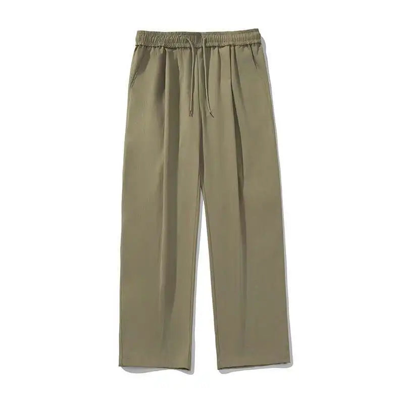 HEARUJOY  -  Pleated Design Men Casual Trousers Solid Color Drawstring Summer Korean Style Elastic Waist Straight Leg Male Pants 9W3495