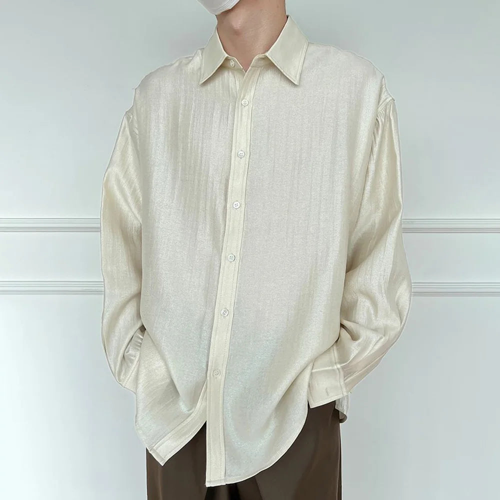 HEARUJOY  -  Mens Shirt Texture Plain Casual Shirt Spring Streetwear Fashion Youth Campus All-Match Long-Sleeved Top Men'S Clothing