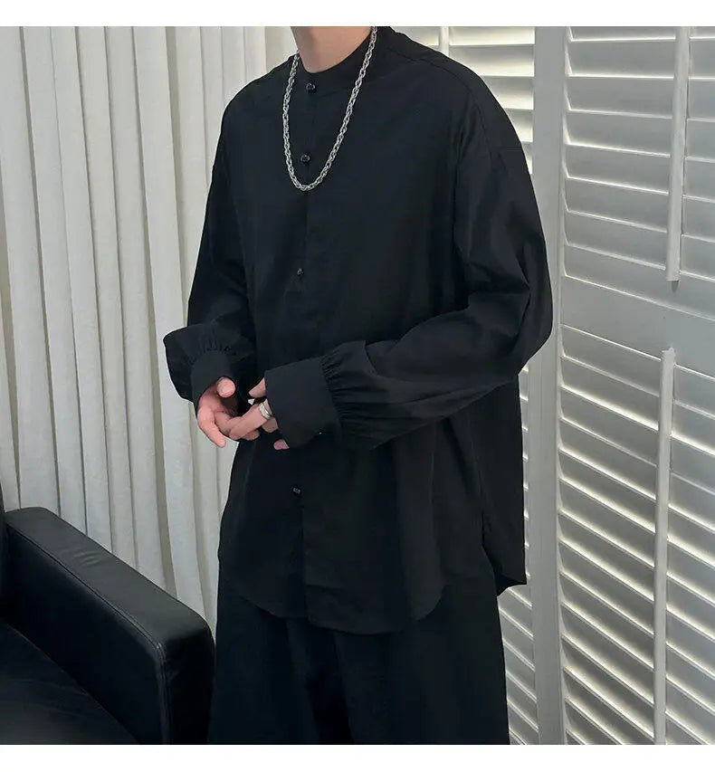 HEARUJOY  -  Korean Style Men's Casual Shirts Stand Collar Solid Color Single Breasted Loose Long Sleeved Male Tops New Summer
