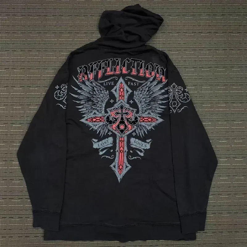 Hearujoy Affliction Gothic Hoodie Y2K New Retro Pattern Oversize Zipper Hoodie Hip Hop Street Casual Sweatshirt Personality Men clothing