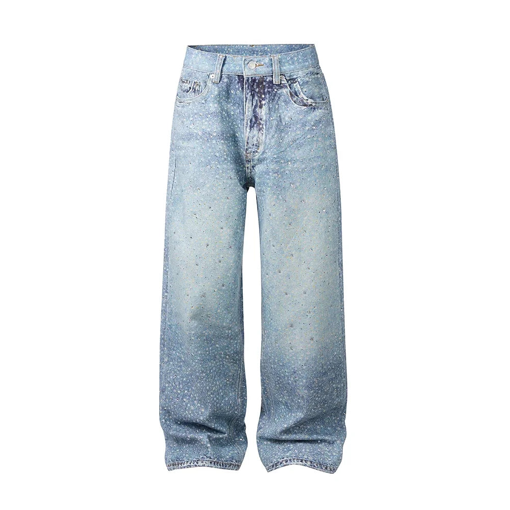 Hearujoy Full Rhinestone Print Washed Blue Baggy Jeans Mens and Women Ropa Hombre Streetwear Solid Casual Denim Trousers Loose Cargos
