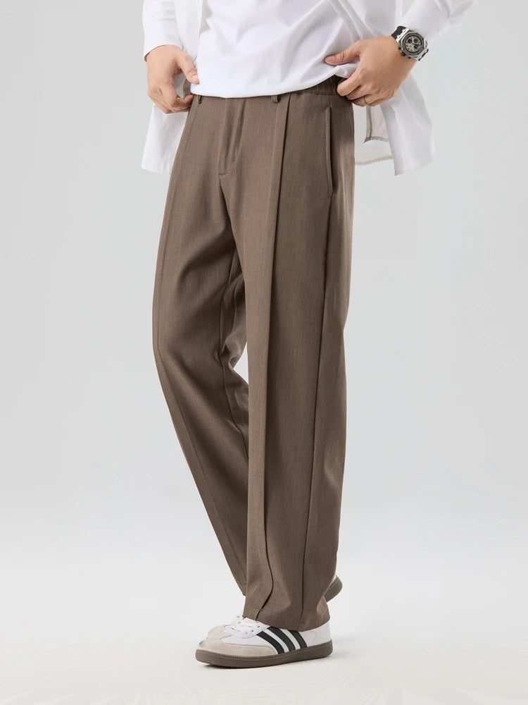 HEARUJOY  -  New Korean Men's Casual Pants Banded Waist Stretch Semi-Wide Pleated Suit Slacks Straight Loose Draped Trousers