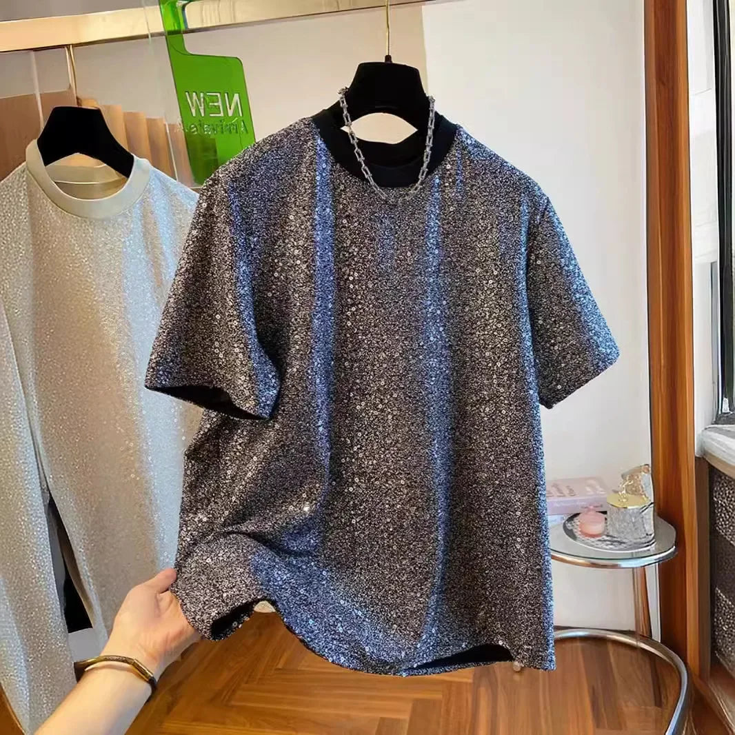 Hearujoy New Loose-fit European Style Bright Sequin Short Sleeve Men's T-shirt Niche Unique Design Sensibility Cool Top