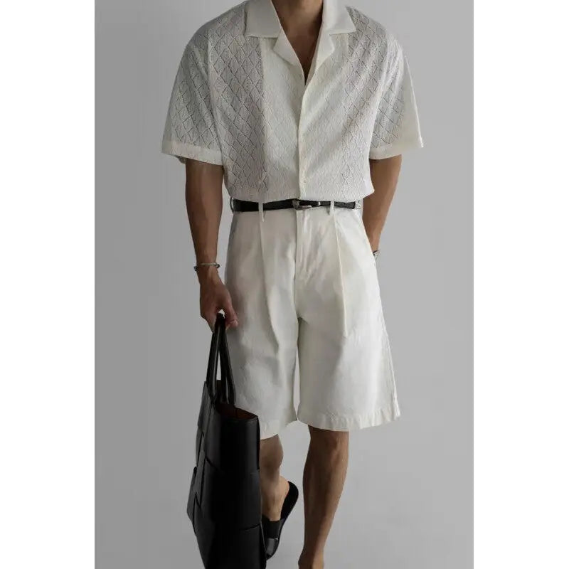 HEARUJOY  -  Summer Black Short Sleeved Shirt Men Oversized Beige Casual Shirt Streetwear Men Korean Loose Hollow Shirt Mens Hawaiian Shirts