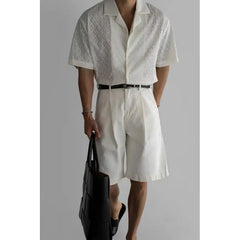 HEARUJOY  -  Summer Black Short Sleeved Shirt Men Oversized Beige Casual Shirt Streetwear Men Korean Loose Hollow Shirt Mens Hawaiian Shirts