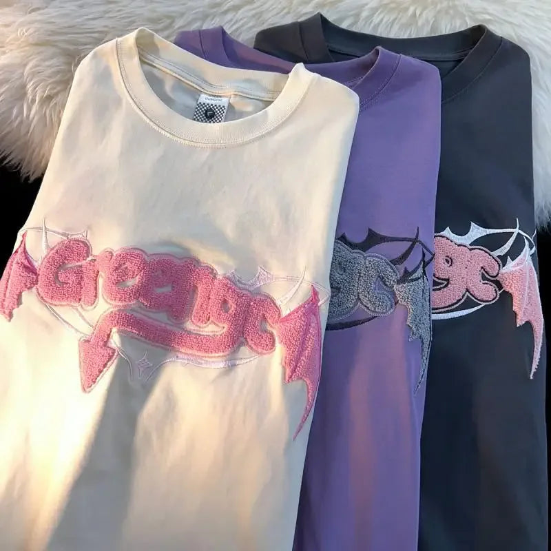 Hearujoy Gothic little devil pattern letter flocking embroidery short-sleeved T-shirt summer loose y2k street women's clothing